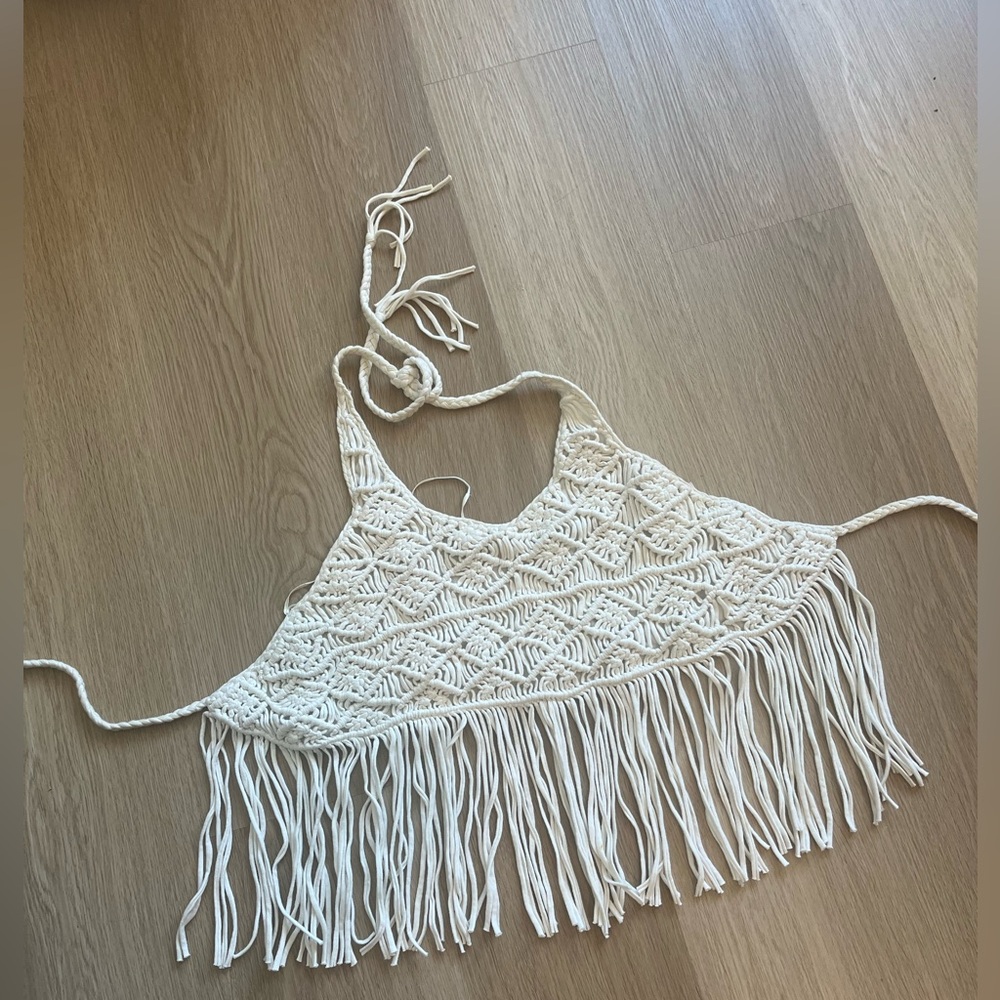 Guess tie-back macrame boho retro fringe halter crop XS